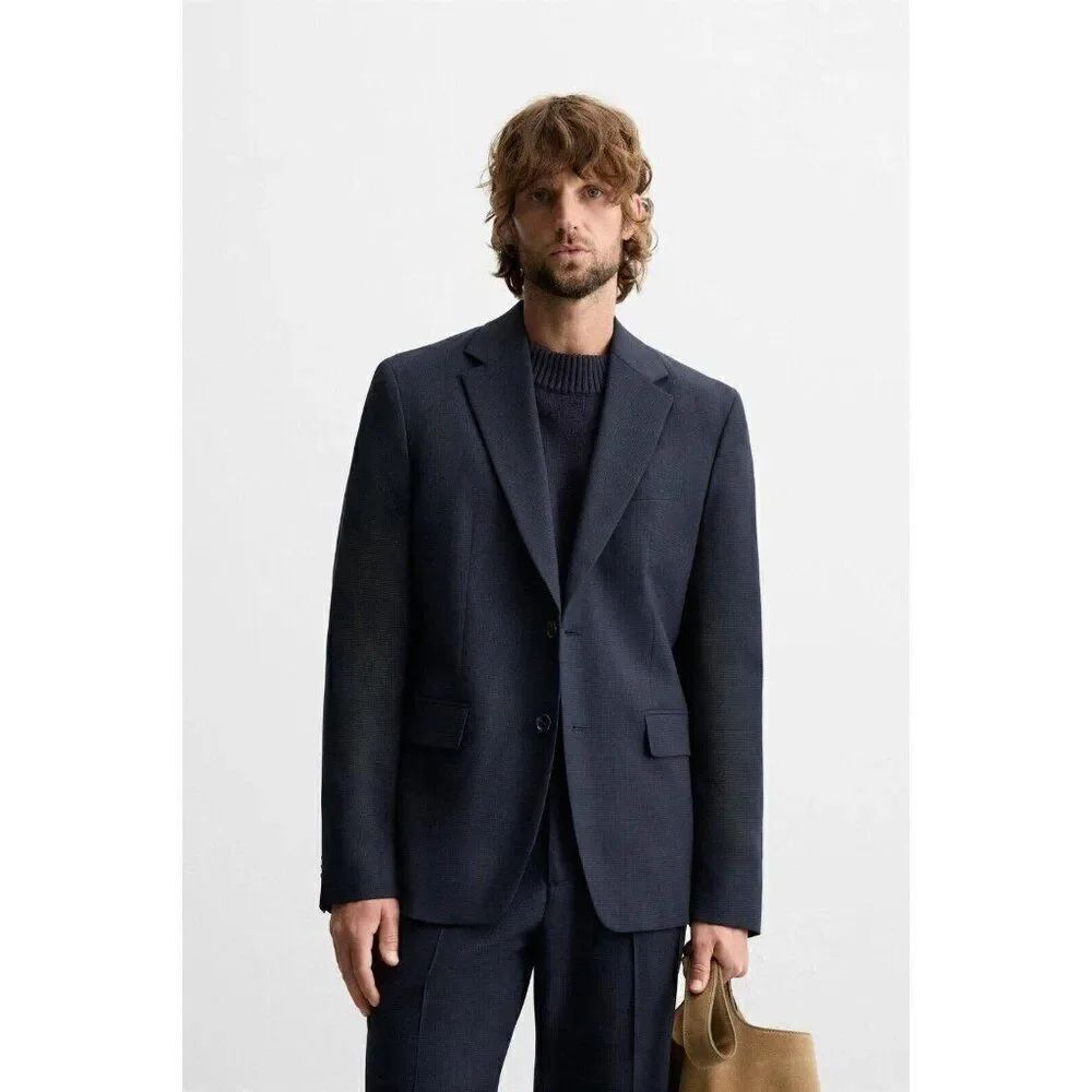 Zara Mens Suit Jacket EU 52 US 42 Blue Textured Single Breasted 5682/115 NWT